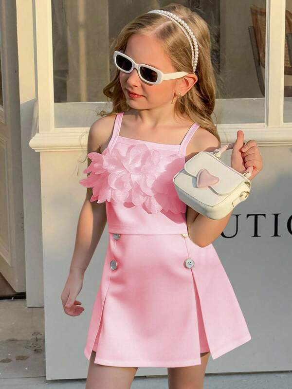 SHEIN 2 Stück/Set Kleine Mädchen ärmelloses Top mit 3D-Dekor & plissiertem einfarbigem Rock, Frühling/Sommer