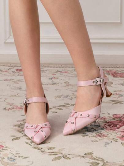 Kawaii Elegant Fashion Casual Pointed Toe Stiletto High Heel Women Shoes With Metal Eyelets Fastener Design, Suitable For Party, Daily Wear, Evening Dress, Height Increasing And Leg Elongating, Comfortable And Versatile Ladies High Heels