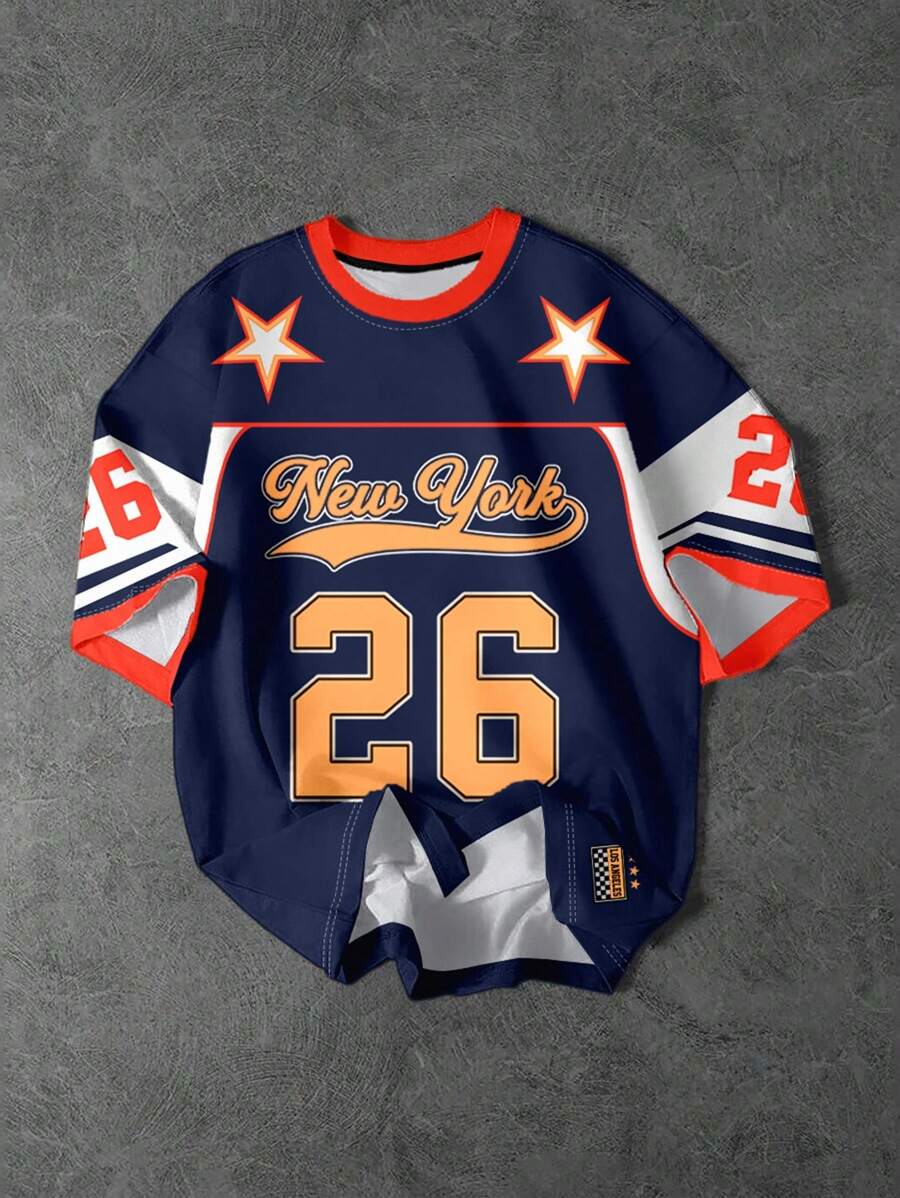 SHEIN 青少年男孩休闲经典棒球图案圆领短袖 T 恤，带有数字 26、星条和色块印花，适合运动、棒球、户外、街头风格、夏季 - 彩色 - 查看 1