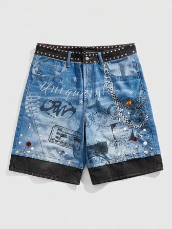 Street Life Men's Rivet Decor Letter Print Fashionable Denim Shorts