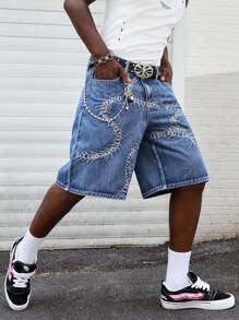 ROMWE MEN Goth Pantalones cortos vaqueros de verano casuales y sueltos para hombres con diseño bordado, sin cinturón incluido