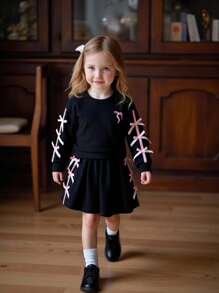 Bộ đồ thể thao 2 món tay dài phối nơ đen phong cách mới cho bé gái 4-7 tuổi, thời trang 2025, thời trang xuân thu - màu đen - Xem 3