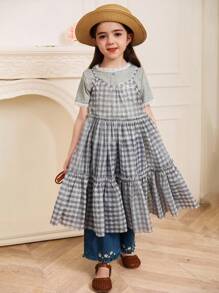 Dazy Kids 女孩（年轻）格子荷叶边细肩带中长连衣裙，夏季分层装，韩版风格 - 淺灰色 - 查看 1