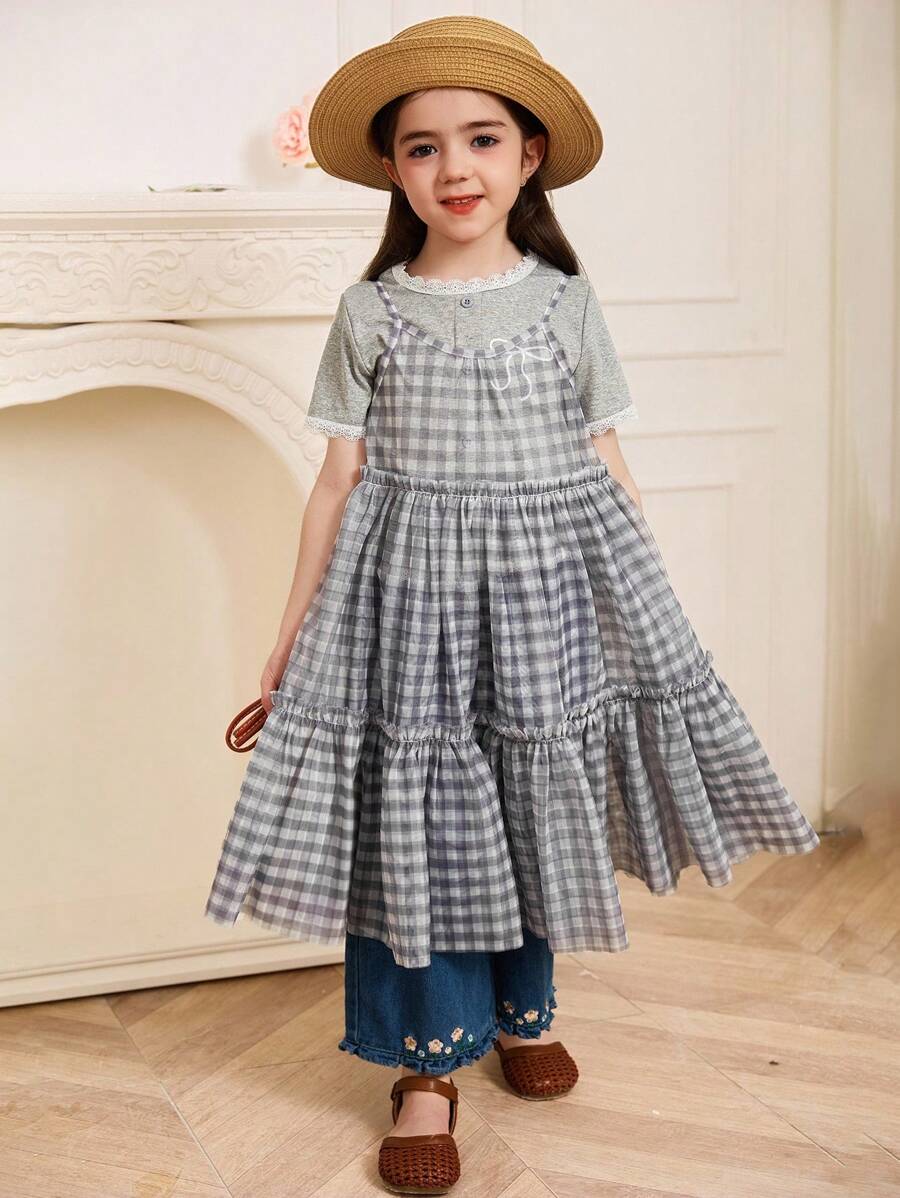 Dazy Kids 女孩（年轻）格子荷叶边细肩带中长连衣裙，夏季分层装，韩版风格 - 淺灰色 - 查看 1