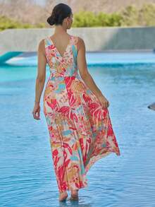 Andrea Bello Vacation Sleeveless Ditsy Floral Plunge Neck Open Slit Ruched Sexy Festival Dress For Women - Multicolor - View 2