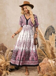 LanaWest Women's Casual Retro Western Style V-Neck Batwing Sleeve Cashew Floral Print Maxi Dress