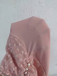 SHEIN Conjunto de pijama con mangas abultadas, cuello cuadrado, decoración con botones y fruncido delantero en tejido de malla jacquard para mujer