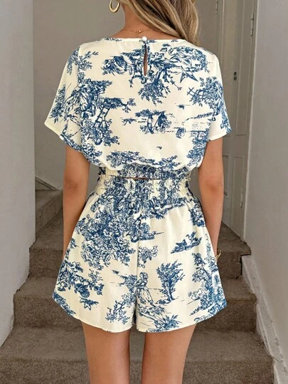 Easowa 复古花卉印花圆领上衣，褶皱下摆和松紧腰带口袋短裤套装，休闲夏日假日优雅女装两件套女装夏季两件套短裤套装女装两件套夏季服装度假服装女装两件套印花两件套女装两件套短裤套装