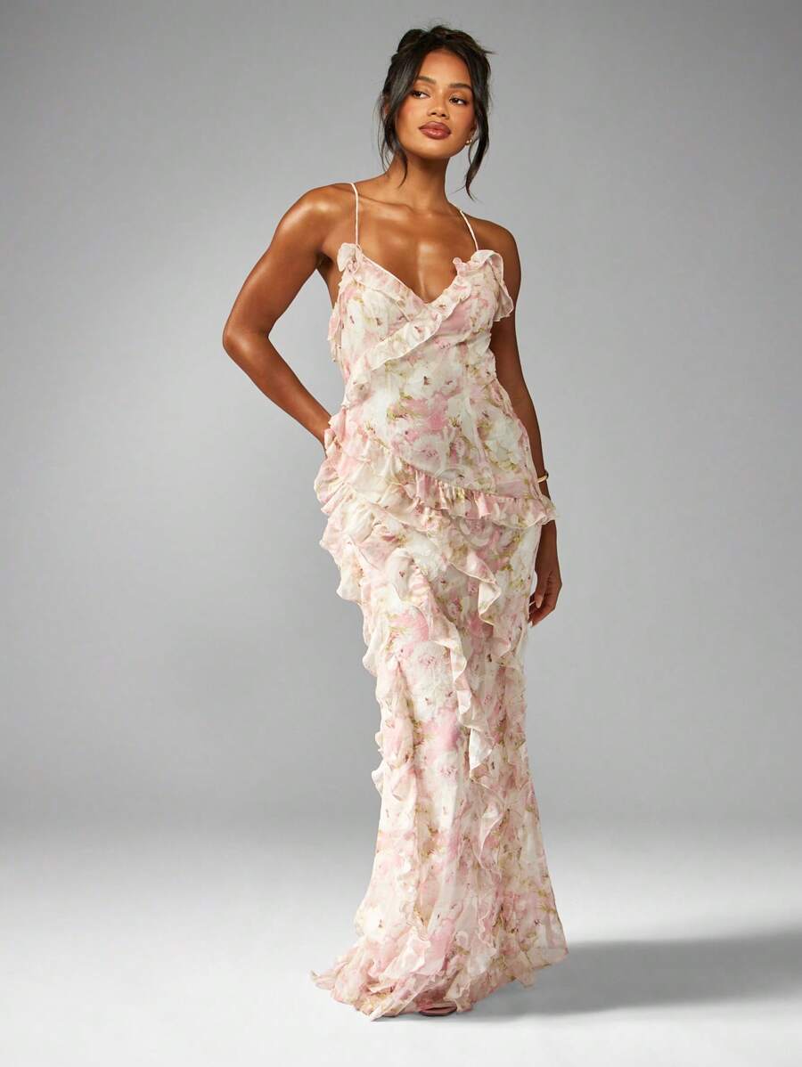 MISSGUIDED Floral Chiffon Ruffle Maxi Dress Side Cascade Floor  LengthMISSGUIDED
