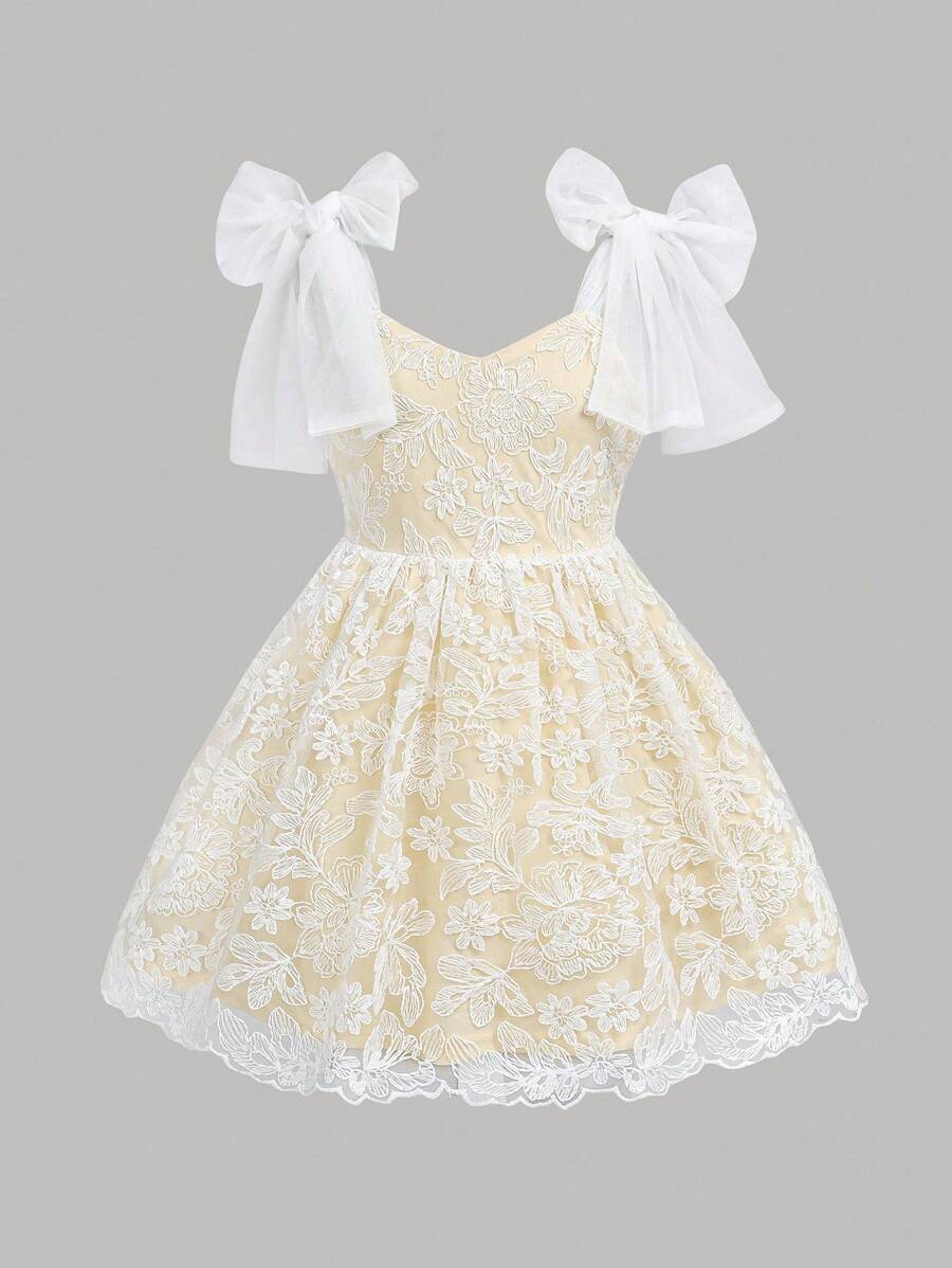 Tween Girls' Woven Lace Embroidered V-Neck Fitted Elegant Strap Dress - White - View 1