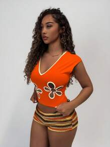 Amplova Women's Laser Cutout V-Neck Sleeveless Top, Summer - Orange - View 2