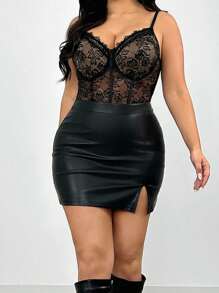 Firerie 加大码优雅舒适性感蕾丝撞色网眼弹力连体衣，适合女士，适合情人节、音乐会、表演、约会、正式派对、庆典、性感、优雅、通勤、海滩、办公室女神、美人鱼风格、生日派对 - 黑色 - 查看 1