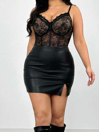 Firerie Plus Size Elegant & Comfortable Sexy Lace Contrast Mesh Elastic Bodysuit For Women, Suitable For Valentine's Day, Concert, Performance, Date, Formal Party, Gala, Sexy, Graceful, Commute, Beach, Office Diva, Mermaid Style, Birthday Party