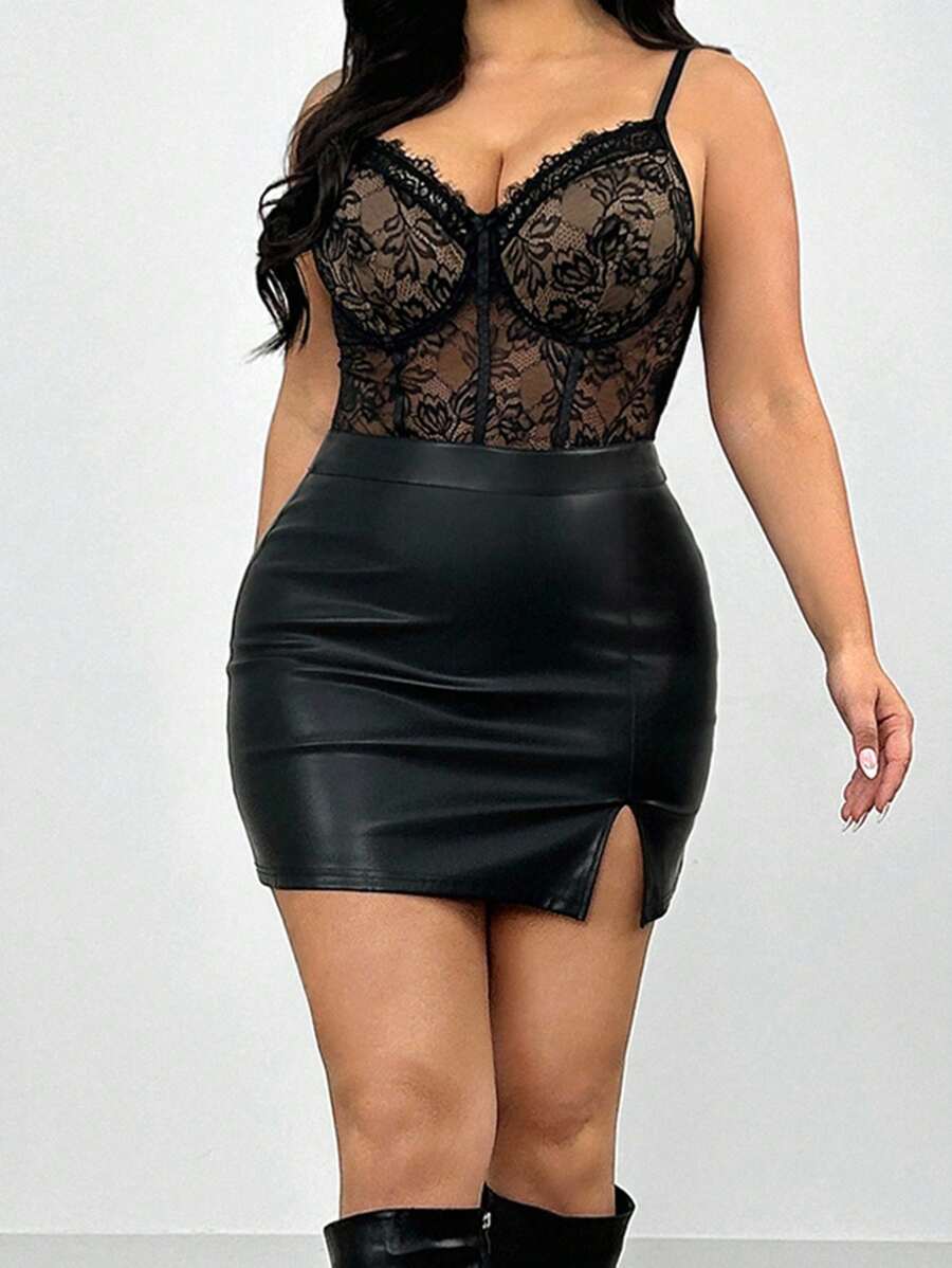 Firerie 加大码优雅舒适性感蕾丝撞色网眼弹力连体衣，适合女士，适合情人节、音乐会、表演、约会、正式派对、庆典、性感、优雅、通勤、海滩、办公室女神、美人鱼风格、生日派对 - 黑色 - 查看 1