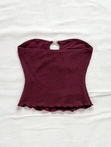 Soleia Women's Vacation Cami Top, Champagne Color Textured With Front Hollow Metal Flower Button Decor, Slim Fit Cropped, Sexy & Fashionable For Party, Date, Casual Beach Holiday Cute Tube Top Tube Top With Bra Knitted Tops Summer Tops Knit Tops - Burgundy - View 2