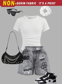 SHEIN Girlism Tween Girl Casual Street Fitted Crew Neck Ruched Short Sleeve Top With Hair Scrunchie And Hair Band Set, Denim-Effect Graffiti Print Shorts - White - View 1