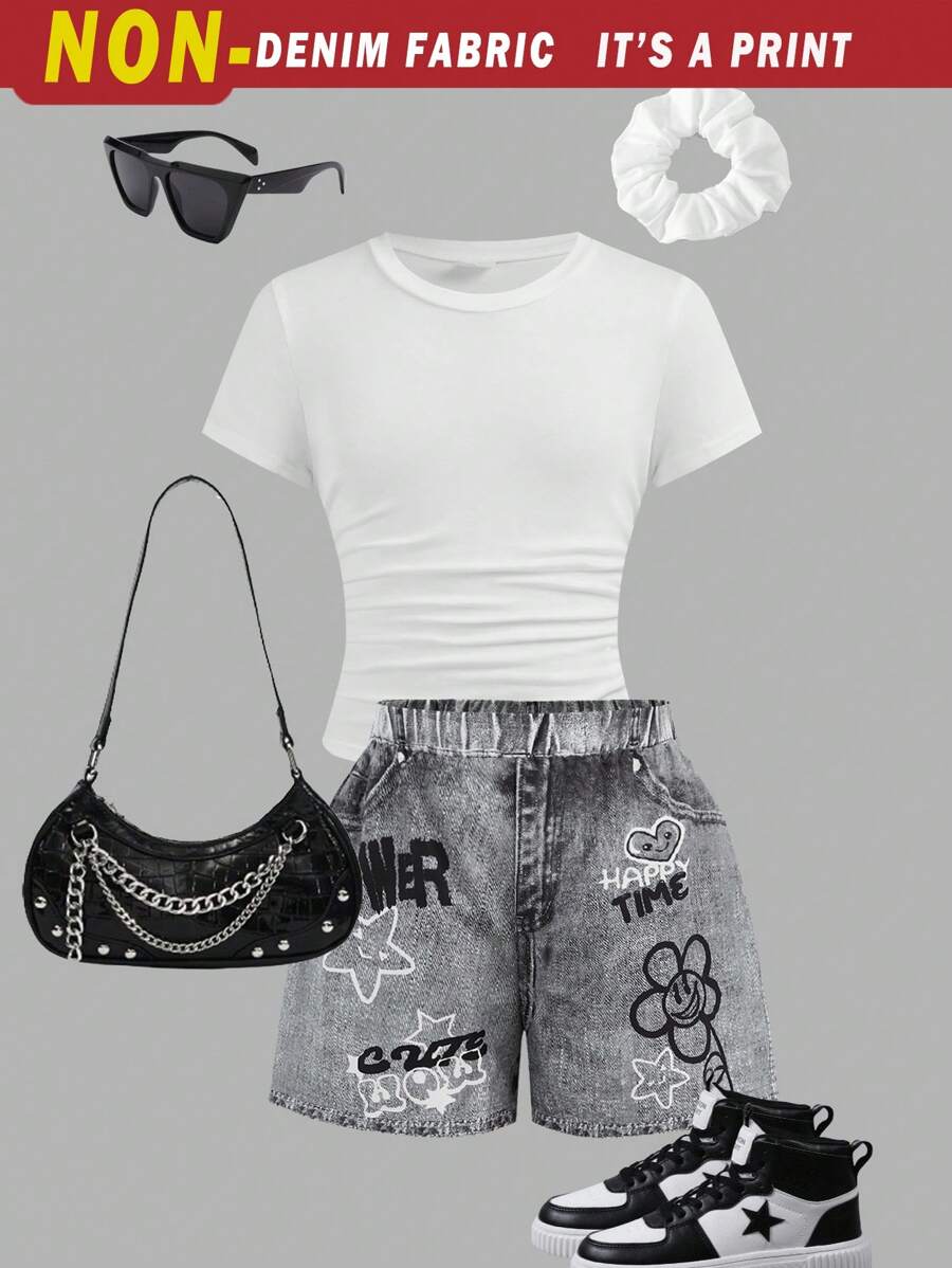 SHEIN Girlism Tween Girl Casual Street Fitted Crew Neck Ruched Short Sleeve Top With Hair Scrunchie And Hair Band Set, Denim-Effect Graffiti Print Shorts - White - View 1
