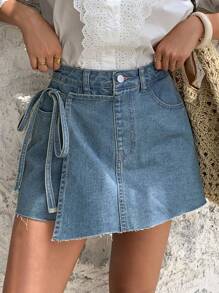 Livesso Falda-pantalón vaquera con lazo delantero para mujer de verano - Azul - Ver 4