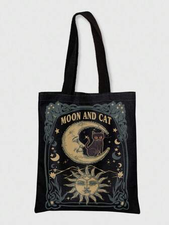 Goth Borsa a spalla in tela stampata con motivo a luna e sole reversibile