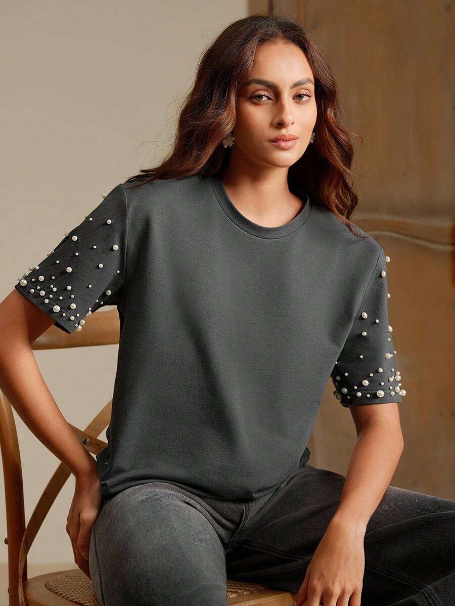 Anewsta 现代都市风格女式圆领缀饰短袖T恤 - 灰色 - 查看 1