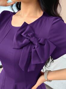 Modelyn Women's Solid Color Bowknot Decor Round Neck Short Sleeve Elegant Mid-Length Dress - Purple - View 5