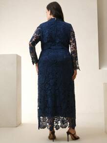 Anewsta Vestido de manga larga con cintura ceñida de encaje soluble en agua elegante de talla grande