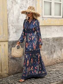 SHEIN VCAY Lace Splice Long Sleeve Cinched Waist Botanical Print Maxi Vacation Dress For Women, Vacation Outfits Women