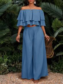SHEIN Lady Set de 2 piezas para mujer: Blusa de hombros descubiertos con capas y pantalones de pierna ancha en unicolor - Celeste - Ver 4