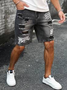 Manfinity LEGND 男士字母印花贴袋做旧休闲百搭牛仔短裤 - 深灰色 - 查看 5