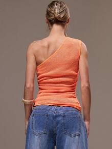 MUSERA Sequin Knit Fitted One Shoulder Top Ibiza Holiday Spring Summer Vacation Beach Going Out Tops Fall Festival Carnival - Orange - View 2