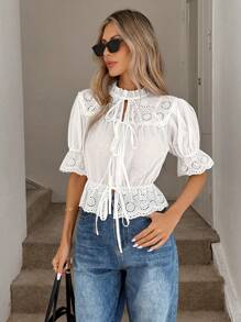 Easowa Flounced Collar With Bowknot, Ruffled Hem, Puff Sleeve Shirt, Hollow Embroidery Jacquard Fabric, Casual Vacation Elegant Blouse For Women, Spring/Summer