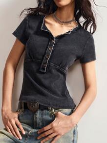 Bohemela Women's Casual Solid Color Knitted Half Zip Short Sleeve T-Shirt