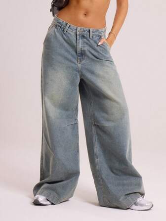 MUSERA Wash Vintage Denim Baggy Oversized Knee Darts Jeans Spring 90's Cute Summer Concert Casual Everyday