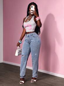 Slaydiva 女式休闲时尚水钻纽扣紧身牛仔裤 - 藍色 - 查看 6