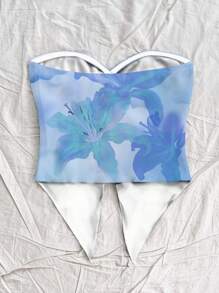 Soleia Vacation Style Orange Tropical Floral & Blue Hibiscus Tie Dye Pattern Twist Asymmetrical Hem Women Blouse, Suitable For Spring/Summer Holiday,Rave Top Suitable For Going Out - Baby Blue - View 2