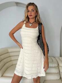 Roylia Apricot Tassel Trim Textured Sleeveless Mini Shift Dress/Summer Beach Dress, Sweet & Youthful Look - Apricot - View 3