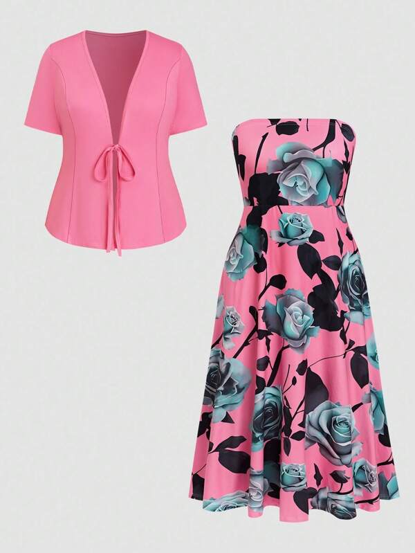 SHEIN 2pcs/Set Plus Size Elegant Commuting Solid Color Short Sleeve Top And Floral Print Bustier Dress