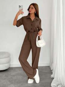 EURMUSE Women's Two Pieces Shirt And Wide Leg Pants With Drawstring - Brown - View 1
