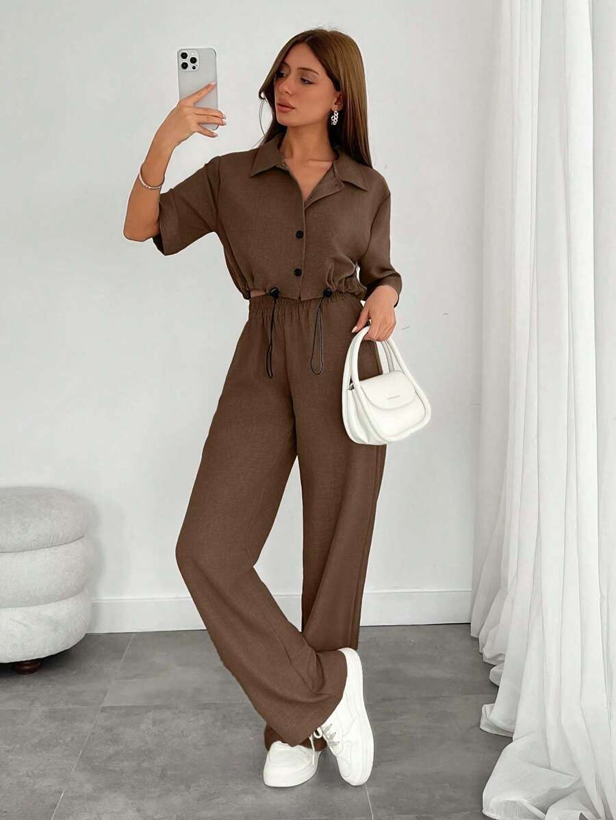 EURMUSE Women's Two Pieces Shirt And Wide Leg Pants With Drawstring - Brown - View 1