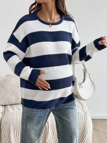 SHEIN Autumn And Winter Women's Maternity Casual Striped Knit Sweater, Minimalist And Fashionable For Daily Wear - Blue and White - View 6