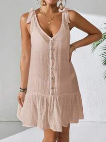 Swim Vcay 女式纯色无袖系带肩贝壳纽扣荷叶边下摆沙滩罩衫连衣裙