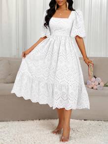 SHEIN Lady Damen Stickerei Jakobsmuschelkragen Kurzarm Elegantes mittellanges Kleid Weißes Ösenkleid Weißes Vintage-Kleid Milchjungfrau-Kleid Damen Cottagecore-Kleid Bridgerton Tea Party-Kleid