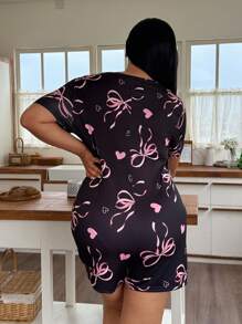 SHEIN Plus Size Bow & Heart Print Fitted Sleep Jumpsuits - Black - View 2