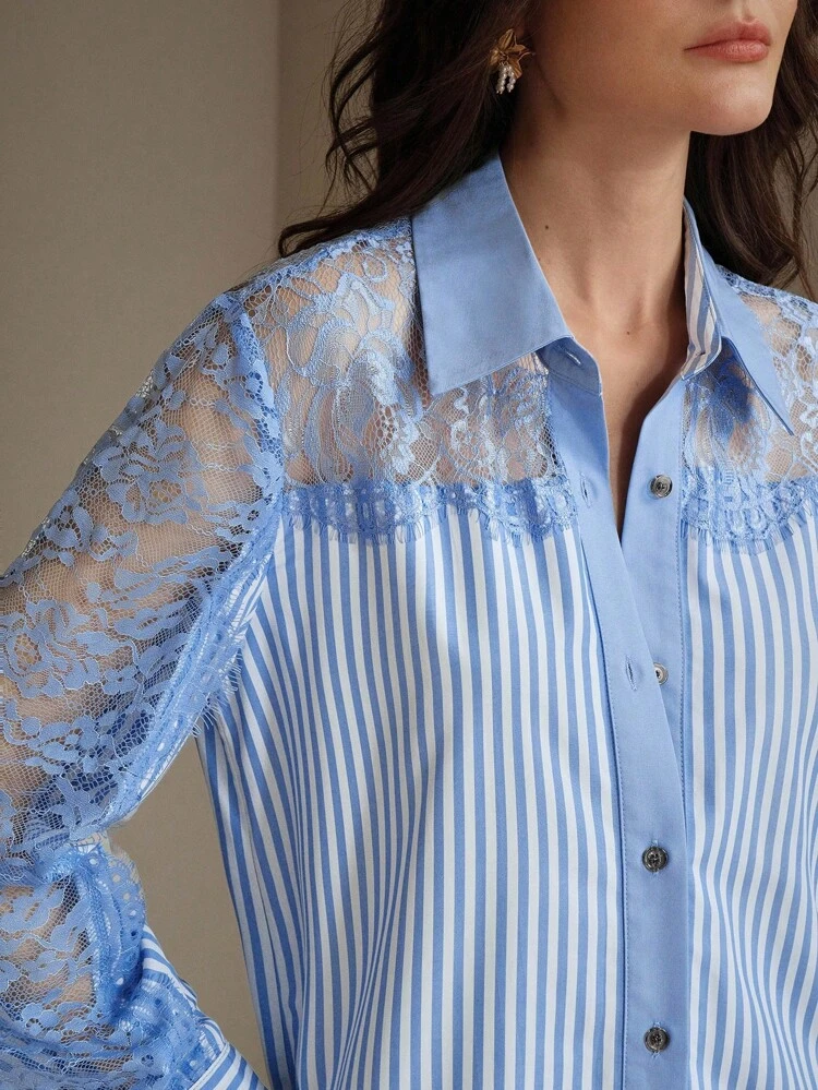 Nuova polo da donna elegante per primavera/estate, con maniche lunghe, trasparente, a righe di contrasto, con bordo in pizzo e dettaglio traforato