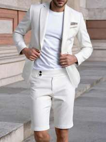 Manfinity Mode Plain Long Sleeve Suit Jacket & Pants, Business Casual Suit Set Men Short Outfits White Outfits For Men Casual Suits For Men