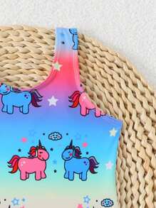 Young Girl Cute Unicorn Gradient One-Piece Swimsuit, Casual Holiday Knitted One-Piece Swimsuit, Suitable For Vacation, Suitable For Summer - Red - View 4