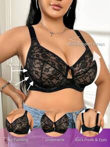 SHEIN 1 件大码女士蕾丝拼接钢圈文胸 - 黑色 - 查看 3