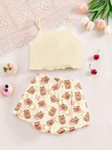 SHEIN 青少年女孩休闲修身吊带背心和短裤睡衣套装，适合夏季 - 彩色 - 查看 2