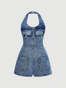 SHEIN MOD Women's Sleeveless Solid Color Strap Front Button Up Fitted Denim Jumpsuit, Summer