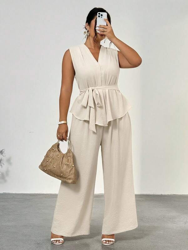 Firerie Damen Große Größen 2-teiliges Set: Ärmellose Bluse mit V-Ausschnitt und Bindetaille, gerade Hose mit Gummibund, vielseitiger Boho-Stil für Dates, Konzerte, Partys, Hochzeiten, elegantes Büro, Sommerstrand